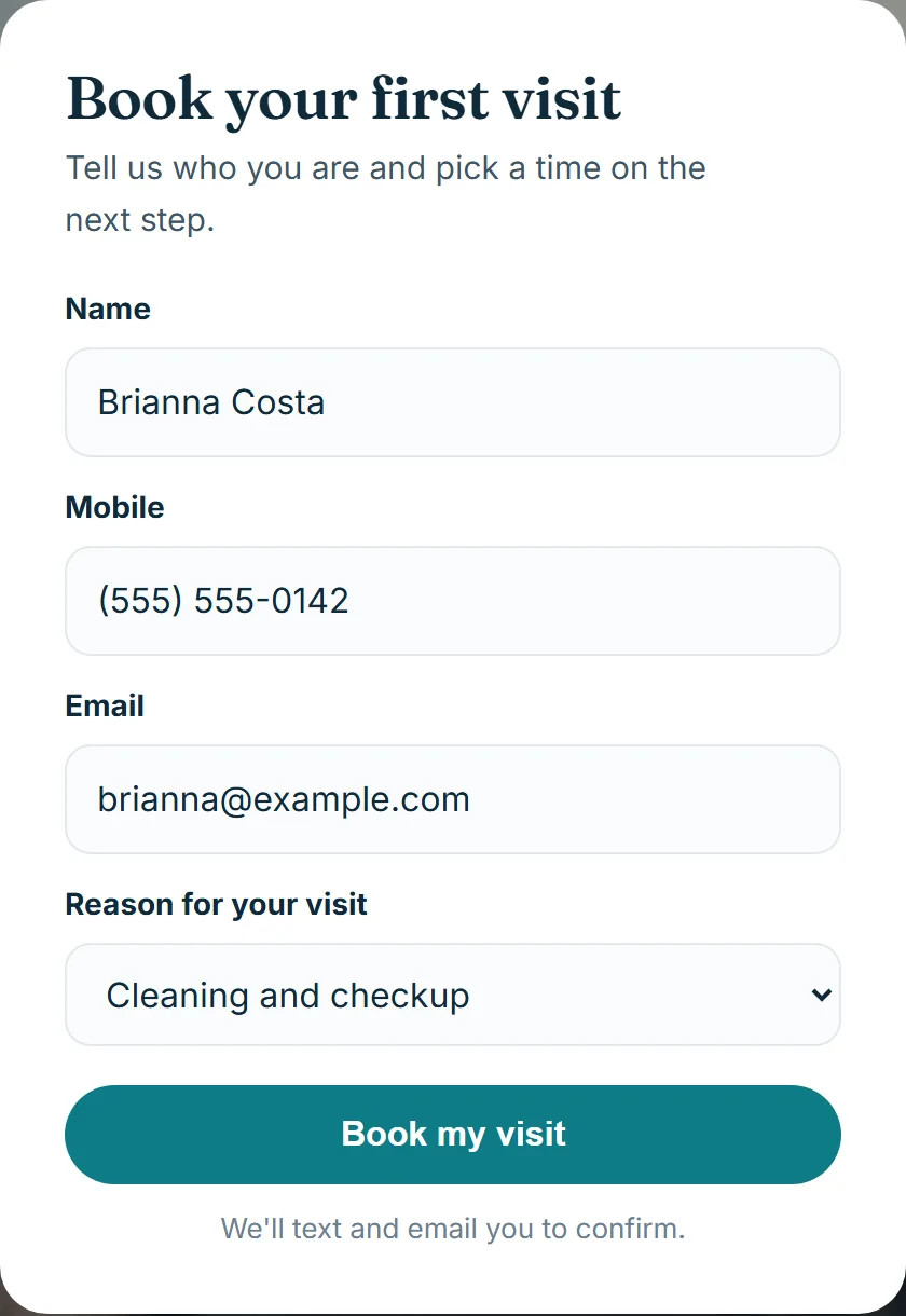 A new patient form on a website