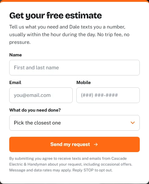 A free estimate form on an electrician website