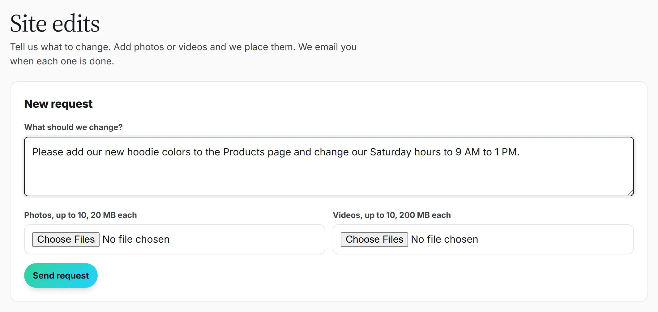 The site edit request form in your dashboard