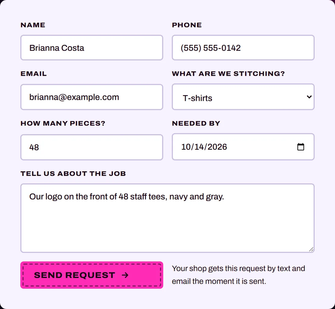 A quote request form on a print shop website
