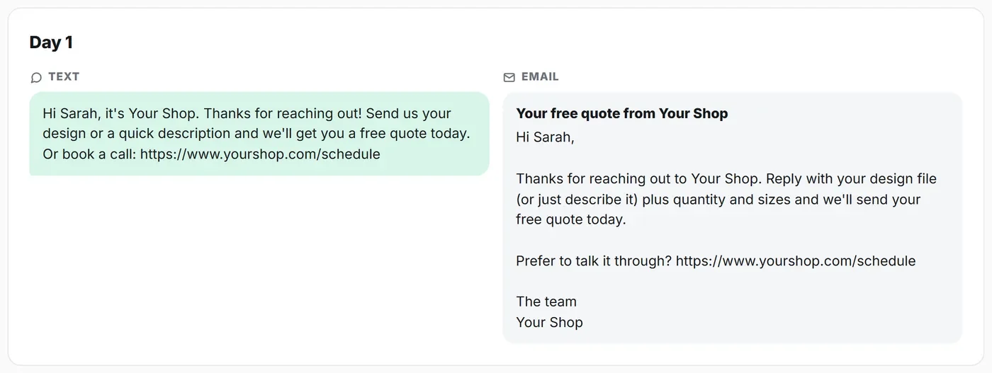 Day 1 of the text and email follow-up