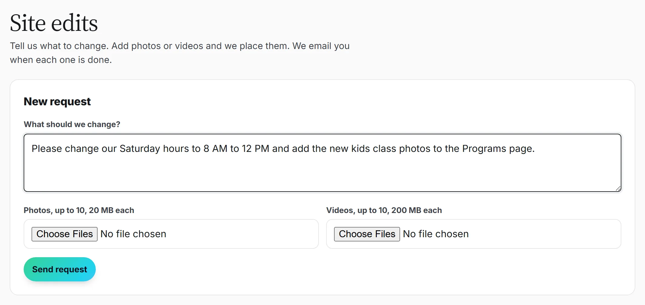 The site edit request form in your dashboard