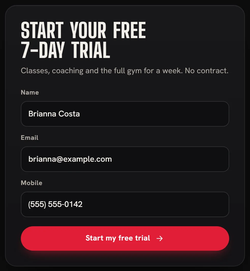 A free trial lead form on a gym website
